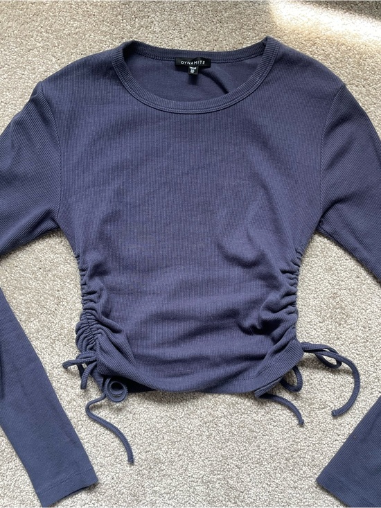 Dynamite Tops - Dynamite Navy Ribbed Long-Sleeve Ruched Crop Top